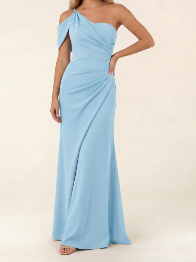 Sheath/Column Asymmetrical One-Shoulder Ruched Long Bridesmaid Dresses