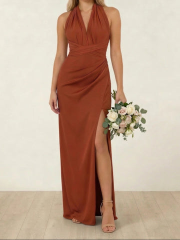 A-Line/Princess V-Neck Halter Bridesmaid Dresses with Split Side