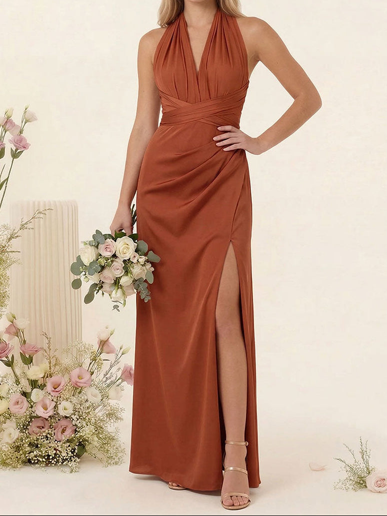 A-Line/Princess V-Neck Halter Bridesmaid Dresses with Split Side