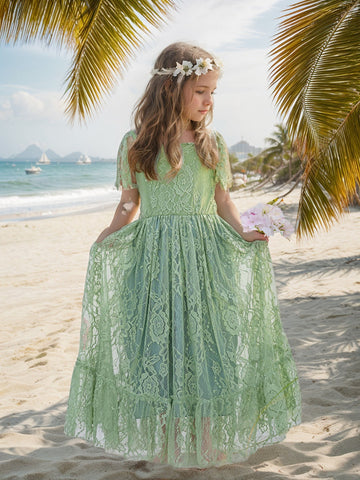 Sage Green Lace Beach Resort Boho Flower Dress