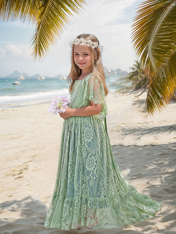 Sage Green Lace Beach Resort Boho Flower Dress