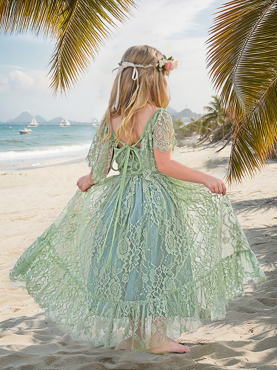 Sage Green Lace Beach Resort Boho Flower Dress