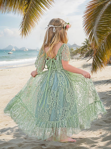 Sage Green Lace Beach Resort Boho Flower Dress