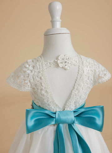 A-line Lace Organza Ankle-length Ivory Flower Girl Dress