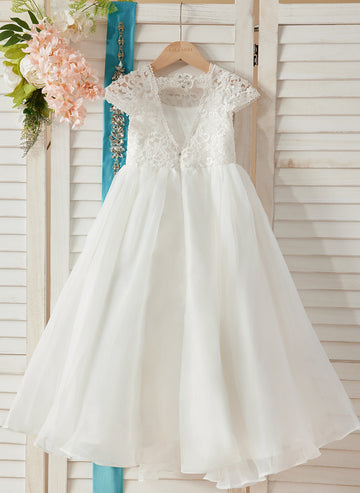 A-line Lace Organza Ankle-length Ivory Flower Girl Dress