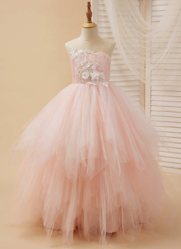 Ball-Gown/Princess Lace Tulle Floor-length Pink Dress