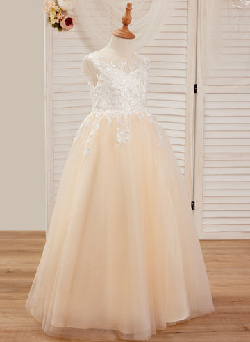 A-line Lace Tulle Floor-length Pink Dress