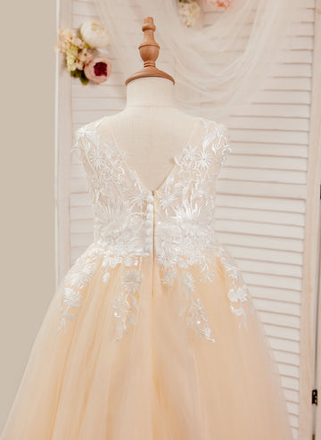 A-line Lace Tulle Floor-length Pink Dress