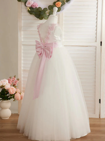 Ball-Gown/Princess 3d Flower Tulle Floor-length Ivory Flower Girl Dress