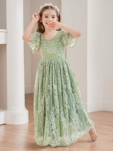 A-line Lace Ankle-length Ivory Boho Flower Girl Dress
