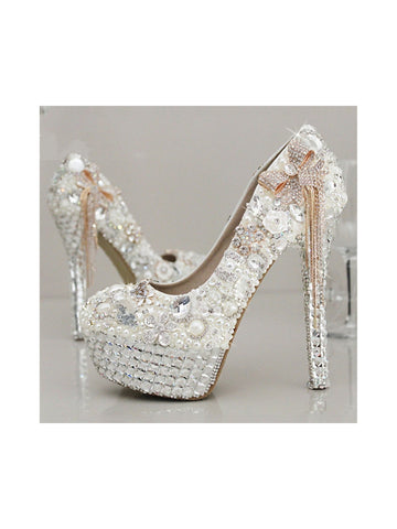 Women's Wedding Shoes Rhinestone Crystal Imitation Pearl Bowknot Tassel Stiletto High Heel Platform Closed Toe Bridal Shoes