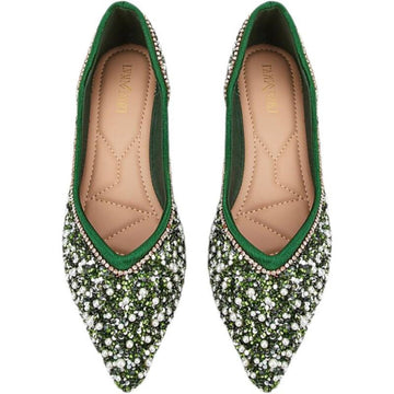 Women's Wedding Shoes Green Pointed Toe Flat Heel Bridal Shoes with Pearls