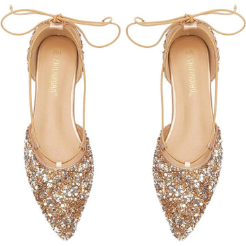 Women's Wedding Shoes Gold Pointed Toe Lace-up Flat Heel Bridal Shoes