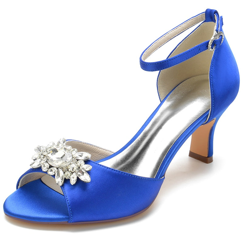 Women's Wedding Shoes Opened Toe Block Heel Buckle Bridal Shoes with Rhinestone