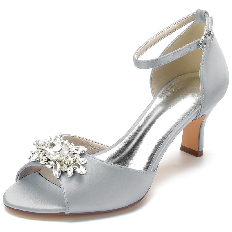Women's Wedding Shoes Opened Toe Block Heel Buckle Bridal Shoes with Rhinestone