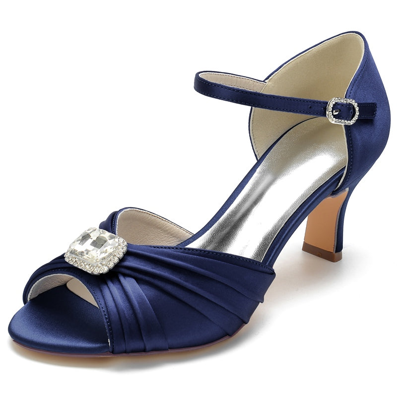 Women's Wedding Shoes Opened Toe Block Heel Buckle Bridal Shoes with Rhinestone & Ruffles