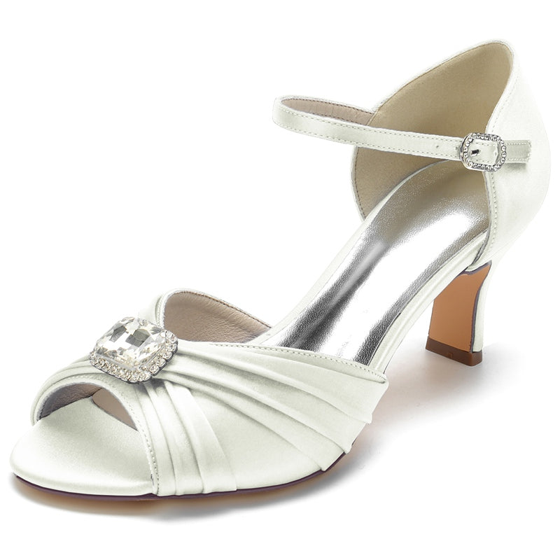 Women's Wedding Shoes Opened Toe Block Heel Buckle Bridal Shoes with Rhinestone & Ruffles