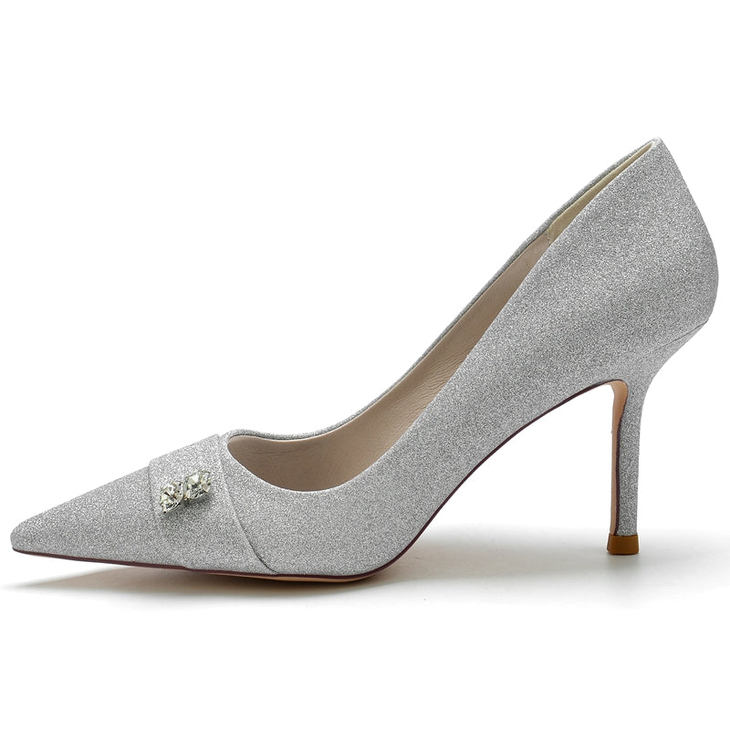 Women's Wedding Shoes Stretch Glitter Pointed Toe High Heel Bridal Shoes with Rhinestone