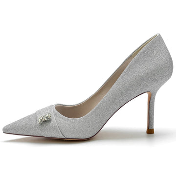 Women's Wedding Shoes Stretch Glitter Pointed Toe High Heel Bridal Shoes with Rhinestone