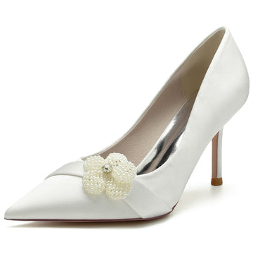 Women's Wedding Shoes Delicated Closed Toe High Heel Bridal Shoes with Rhinestone & Pearl Flower