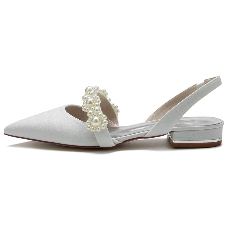 Women's Wedding Shoes Closed Toe Low Heel Sparkling Elegant Buckle Bridal Shoes with Pearls