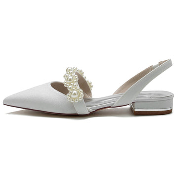 Women's Wedding Shoes Closed Toe Low Heel Sparkling Elegant Buckle Bridal Shoes with Pearls