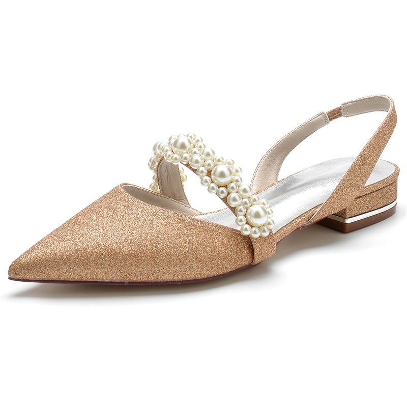 Women's Wedding Shoes Closed Toe Low Heel Sparkling Elegant Buckle Bridal Shoes with Pearls