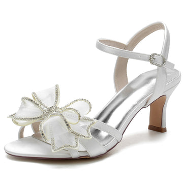 Women's Wedding Shoes White Opened Toe Mid Heel Buckle Bridal Shoes with Crystal & Bow