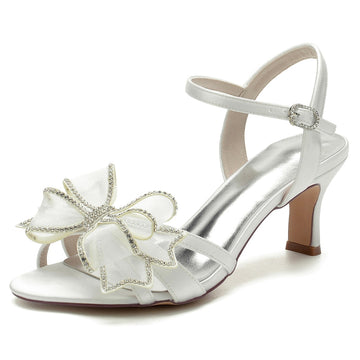 Women's Wedding Shoes White Opened Toe Mid Heel Buckle Bridal Shoes with Crystal & Bow