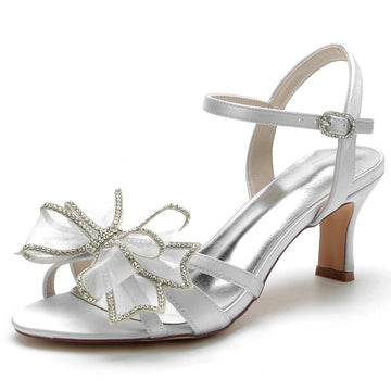 Women's Wedding Shoes White Opened Toe Mid Heel Buckle Bridal Shoes with Crystal & Bow