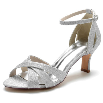 Women's Wedding Shoes Elegant Crossed Straps Opened Toe Mid Heel Buckle Bridal Shoes