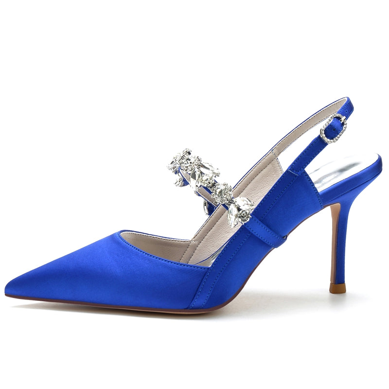 Women's Wedding Shoes Royal Blue Pointed Toe Stiletto Heel Buckle Bridal Shoes with Rhinestone