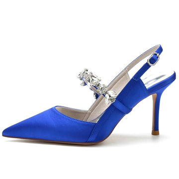 Women's Wedding Shoes Royal Blue Pointed Toe Stiletto Heel Buckle Bridal Shoes with Rhinestone