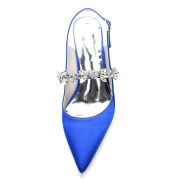 Women's Wedding Shoes Royal Blue Pointed Toe Stiletto Heel Buckle Bridal Shoes with Rhinestone