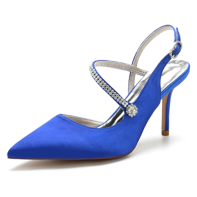 Women's Wedding Shoes Pointed Toe Stiletto Heel Buckle Bridal Shoes with Crystal
