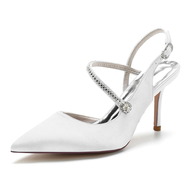 Women's Wedding Shoes Pointed Toe Stiletto Heel Buckle Bridal Shoes with Crystal
