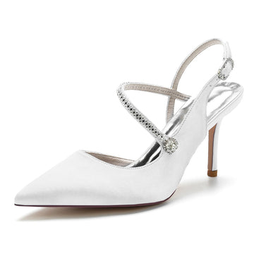 Women's Wedding Shoes Pointed Toe Stiletto Heel Buckle Bridal Shoes with Crystal