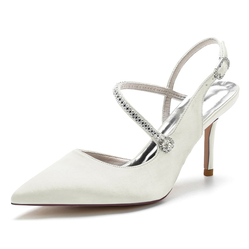 Women's Wedding Shoes Pointed Toe Stiletto Heel Buckle Bridal Shoes with Crystal