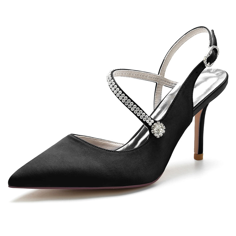Women's Wedding Shoes Pointed Toe Stiletto Heel Buckle Bridal Shoes with Crystal