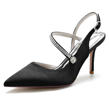 Women's Wedding Shoes Pointed Toe Stiletto Heel Buckle Bridal Shoes with Crystal