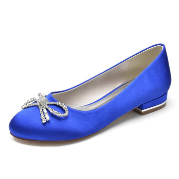 Women's Wedding Shoes Round Toe Flat Heel Elegant Bridal Shoes with Bow & Rhinestone