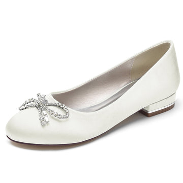Women's Wedding Shoes Round Toe Flat Heel Elegant Bridal Shoes with Bow & Rhinestone