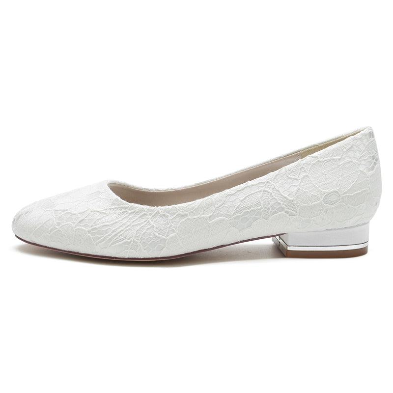 Women's Wedding Shoes White Round Toe Flat Heel Lace Minimalist Bridal Shoes