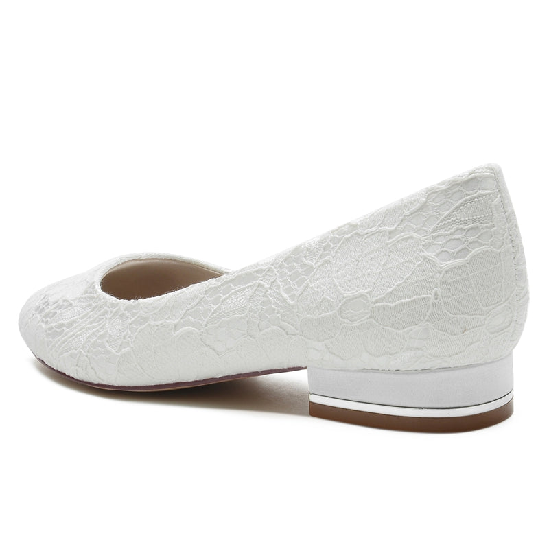 Women's Wedding Shoes White Round Toe Flat Heel Lace Minimalist Bridal Shoes