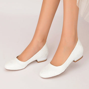 Women's Wedding Shoes White Round Toe Flat Heel Lace Minimalist Bridal Shoes