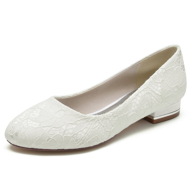 Women's Wedding Shoes White Round Toe Flat Heel Lace Minimalist Bridal Shoes