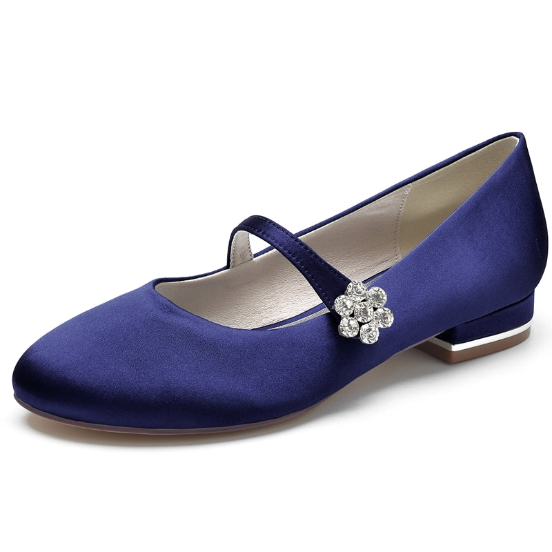 Women's Wedding Shoes Round Toe Low Heel Retro Bridal Shoes with Instep Strap & Rhinestone