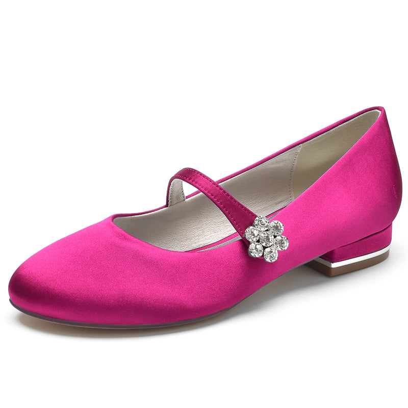 Women's Wedding Shoes Round Toe Low Heel Retro Bridal Shoes with Instep Strap & Rhinestone