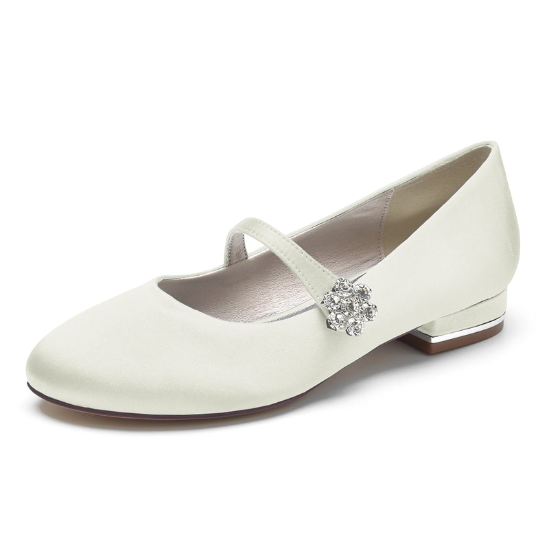 Women's Wedding Shoes Round Toe Low Heel Retro Bridal Shoes with Instep Strap & Rhinestone