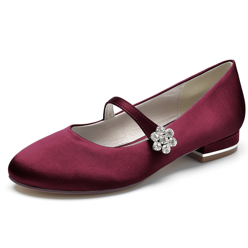Women's Wedding Shoes Round Toe Low Heel Retro Bridal Shoes with Instep Strap & Rhinestone